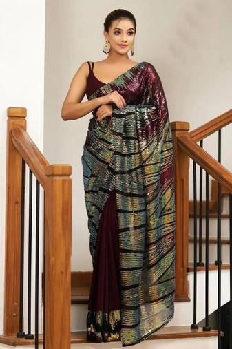 maroon Georgette sequin saree With Blouse