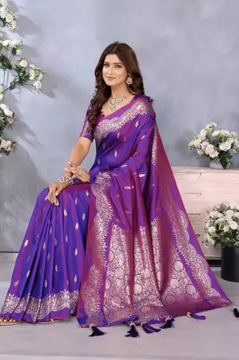 Purple Woven Silk Blend Saree With Blouse