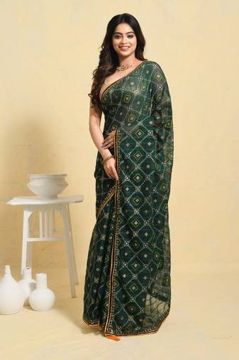 Green embellished georgette saree with blouse
