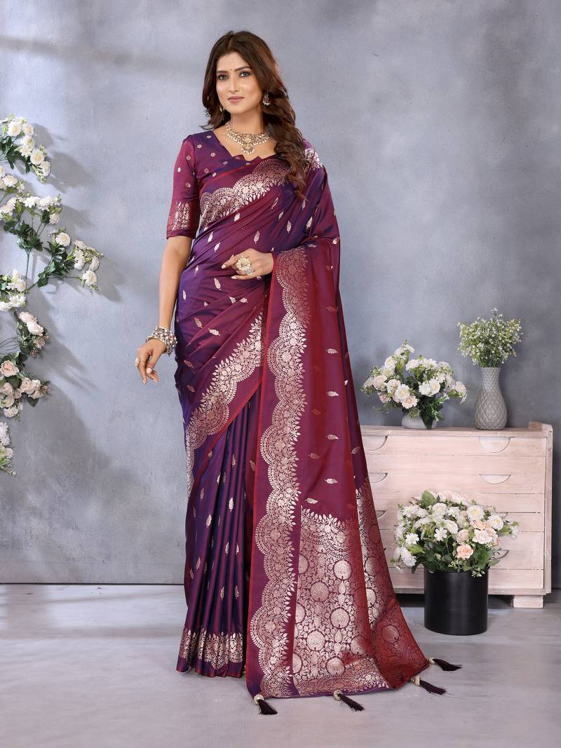 Violet Woven Silk Blend Saree With Blouse