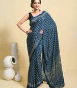 Blue printed satin saree with blouse