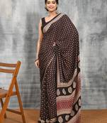 Black printed satin saree with blouse