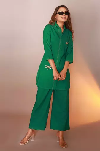 Green embroidered cotton jayti fern co-ord sets