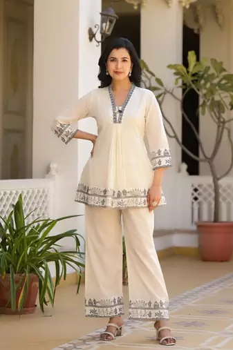 White embroidered cotton sakshi vanilla co-ord sets