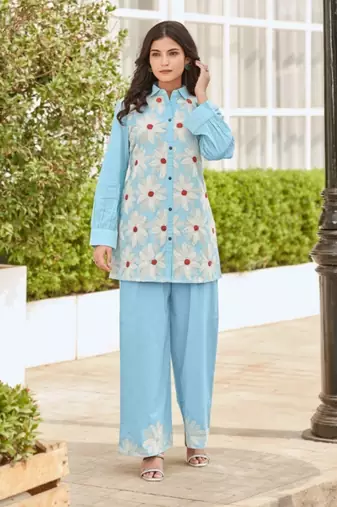 Sky blue embroidered cotton iyana sky co-ord sets