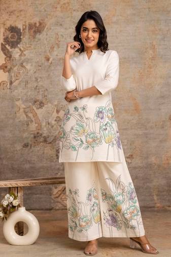 White printed cotton hardik emerald co-ord sets