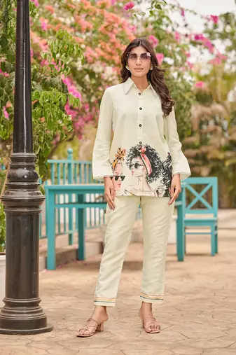 White printed cotton iyana pearl co-ord sets