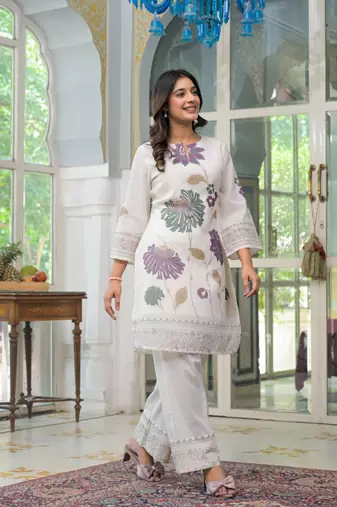 White printed cotton vastramaya cosmos co-ord sets