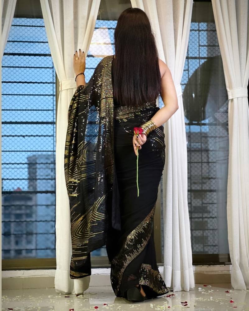 black Georgette sequin saree With Blouse