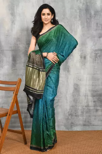 Blue printed silk saree with blouse