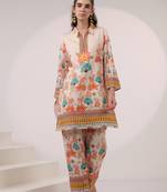 Beige printed linen kara caramel co-ord sets