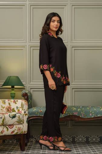 Black embroidered viscose rayon tashvika charcoal co-ord sets