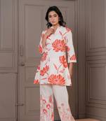 White printed cotton maurya kesari co-ord sets
