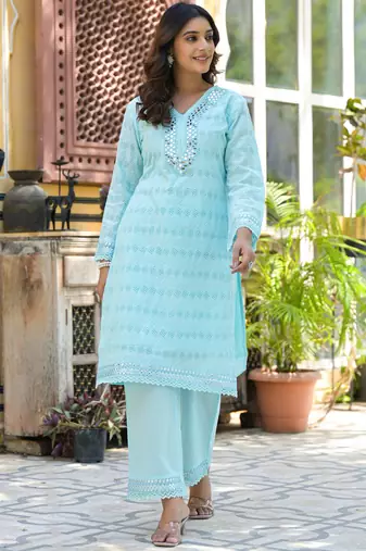 Sky blue embroidered cotton sanmati sky co-ord sets