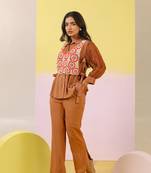 Tan embroidered cotton purna cocoa co-ord sets