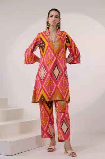 Multicolor printed cotton kara apricot co-ord sets