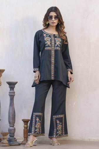 Black embroidered cotton tashvika marine co-ord sets