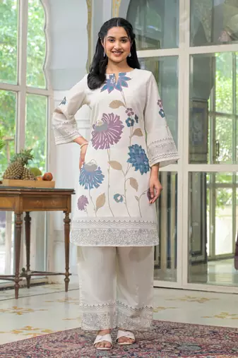 White printed cotton vastramaya imperial co-ord sets