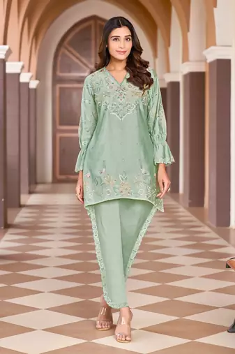 Green embroidered viscose rayon ayat minty co-ord sets