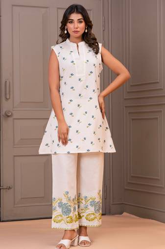 White printed cotton maurya raffles co-ord sets