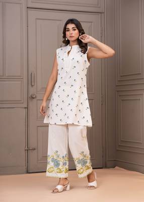 White printed cotton maurya raffles co-ord sets 4