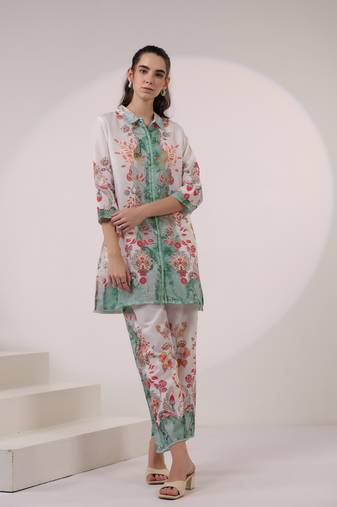 White printed blended cotton kara pine co-ord sets