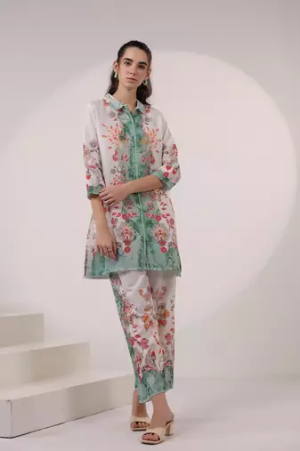 White printed blended cotton kara pine co-ord sets