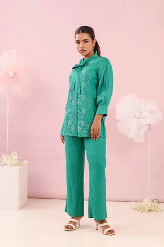 Green embroidered cotton purna emerald co-ord sets