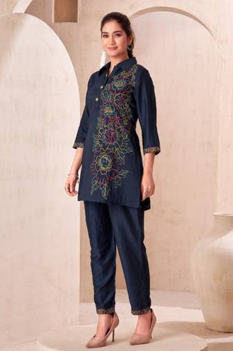 Black embroidered viscose rayon jaideep hibis co-ord sets