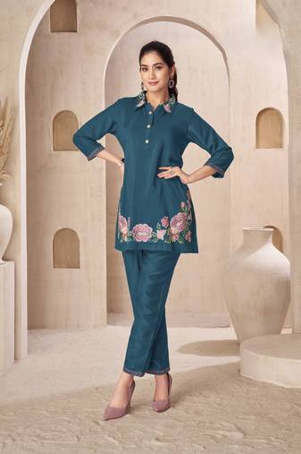 Blue embroidered viscose rayon jaideep tiffany co-ord sets