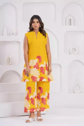 Yellow printed cotton maurya dandelion co-ord sets