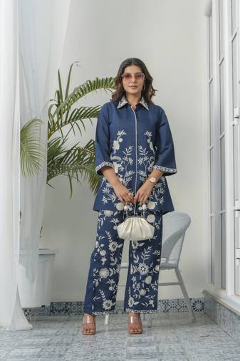 Blue embroidered viscose rayon tashvika spruce co-ord sets