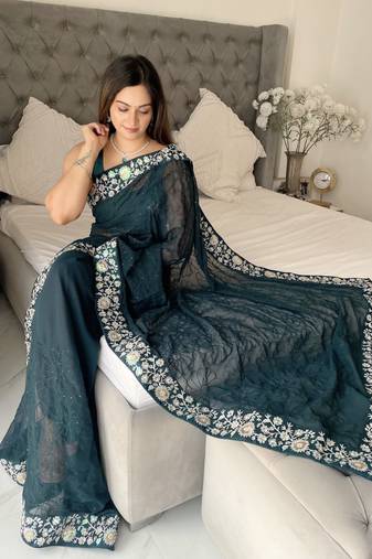 teal Georgette sequin saree With Blouse Set