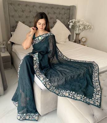 teal Georgette sequin saree With Blouse Set 1