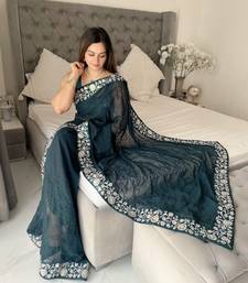 teal Georgette sequin saree With Blouse Set