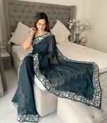 teal Georgette sequin saree With Blouse Set