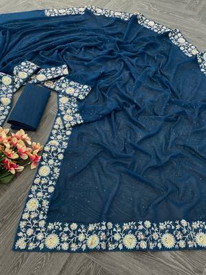 teal Georgette sequin saree With Blouse Set 3