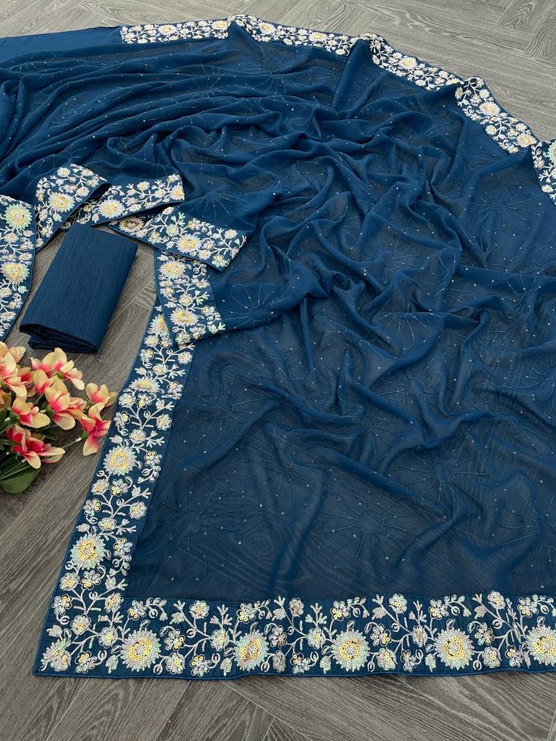 teal Georgette sequin saree With Blouse Set