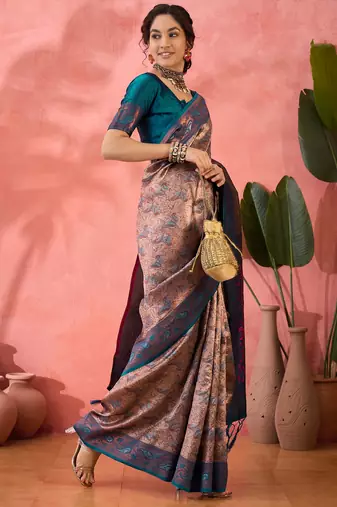 teal Poly silk blend Saree with Blouse