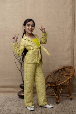 Yellow printed top & pant with jacket co ord set for girls 1