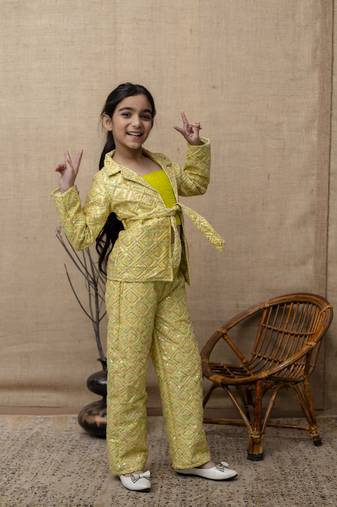 Yellow printed top & pant with jacket co ord set for girls