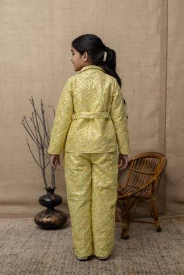 Yellow printed top & pant with jacket co ord set for girls 2