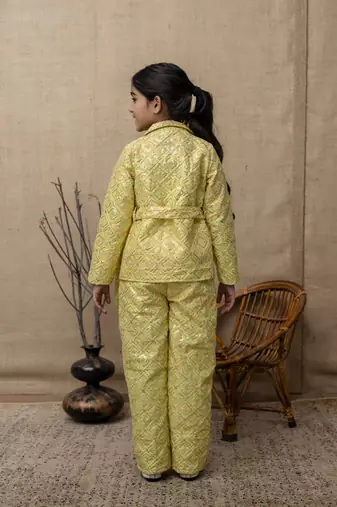 Yellow printed top & pant with jacket co ord set for girls
