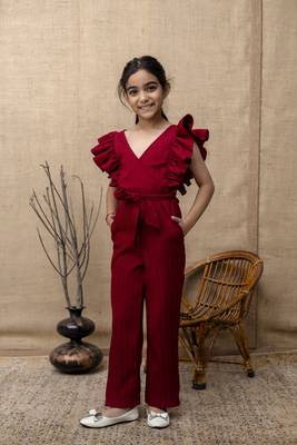 Red Viscose printed jumpsuit set for girls 1