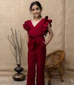 Red Viscose printed jumpsuit set for girls