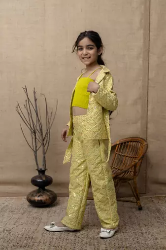 Yellow printed top & pant with jacket co ord set for girls