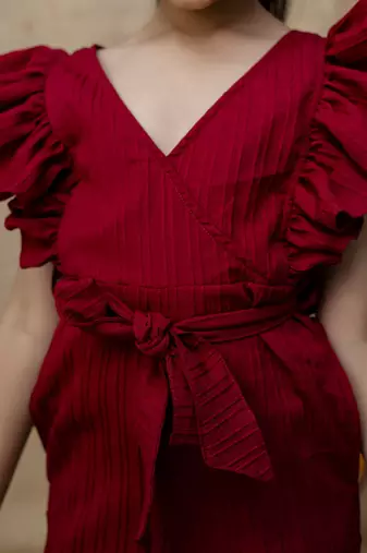 Red Viscose printed jumpsuit set for girls
