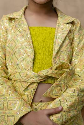 Yellow printed top & pant with jacket co ord set for girls 4
