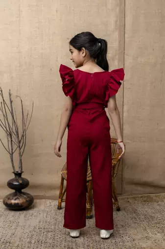 Red Viscose printed jumpsuit set for girls