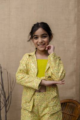 Yellow printed top & pant with jacket co ord set for girls 5